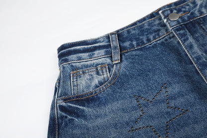 Women's Star Embroidery Rhinestone Distressed Wide Leg Jeans High Waist Ripped Casual Streetwear Denim Pants