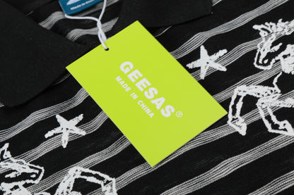 Twin Stallion Star Embroidery Stripe Polo Short Sleeve Oversized Streetwear Y2K Vintage Cotton Knit Top | Twin Stallion