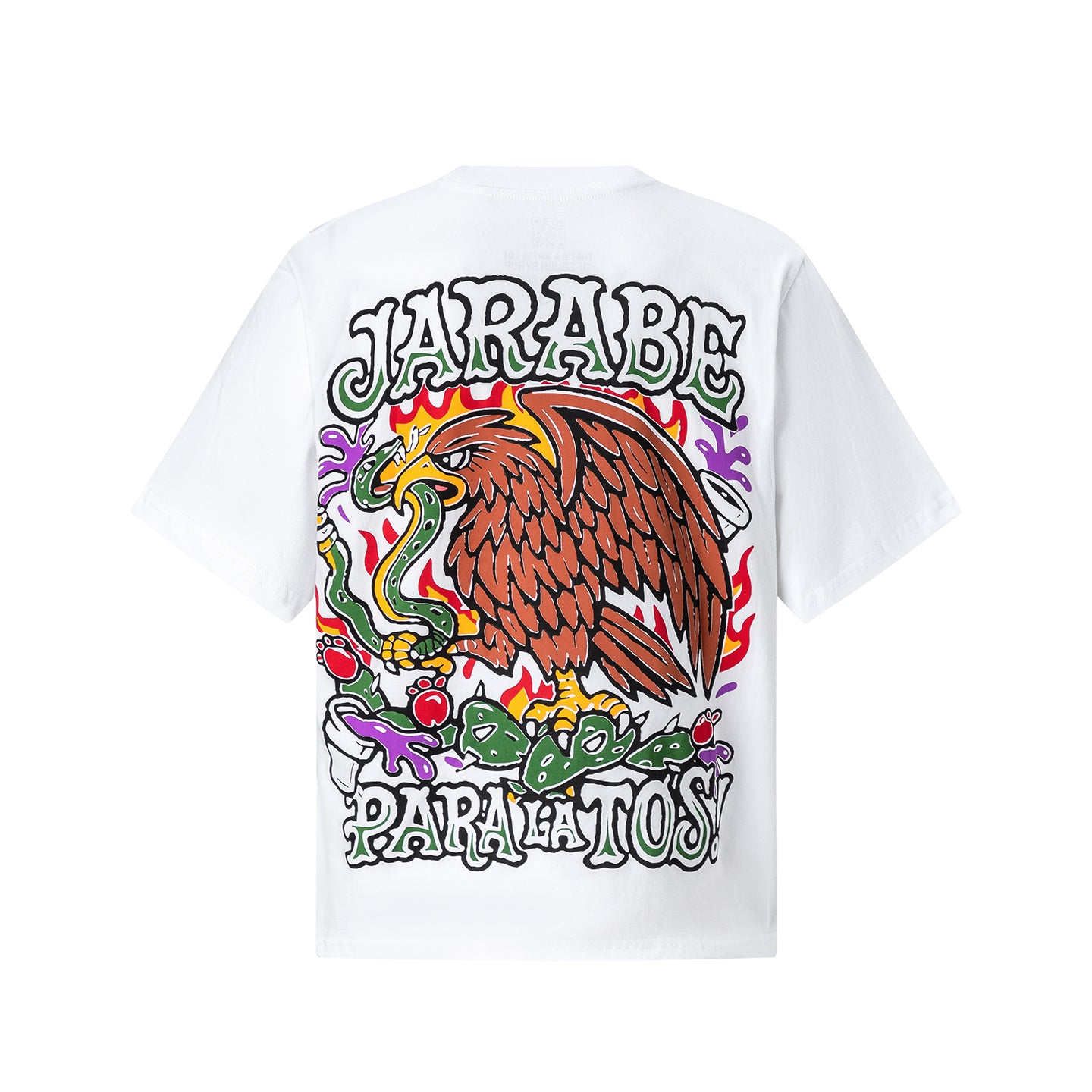 White graphic t-shirt with colorful flaming skull, street signs, and eagle back print - view 10
