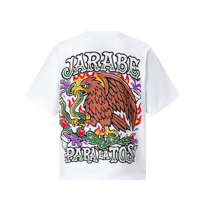 White Graphic T-Shirt with Flaming Skull and Eagle Back Print, Streetwear Tee