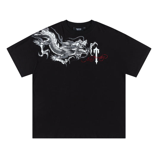 Black Trapstar unisex oversized T-shirt with white dragon graphic and rhinestone details - view 10