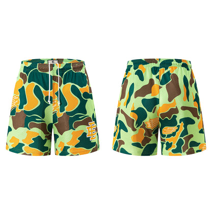 Camo Print Mesh Elastic Waist Athletic Shorts Colorblock Street Summer Beach Shorts | Lime Camo