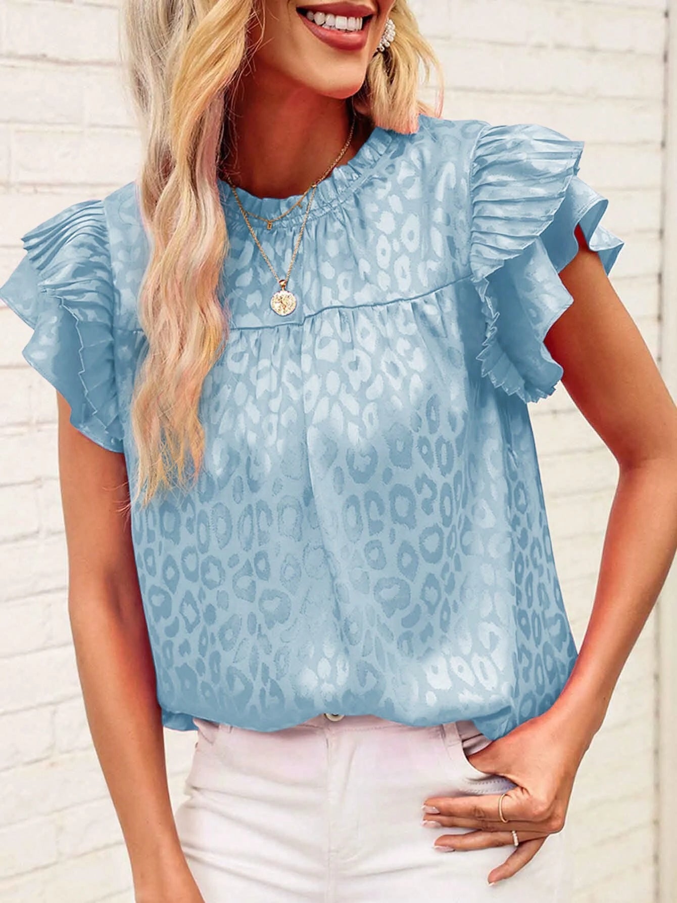 Women's summer new fashion all-matching printing lotus leaf sleeves wave collar women's blouse