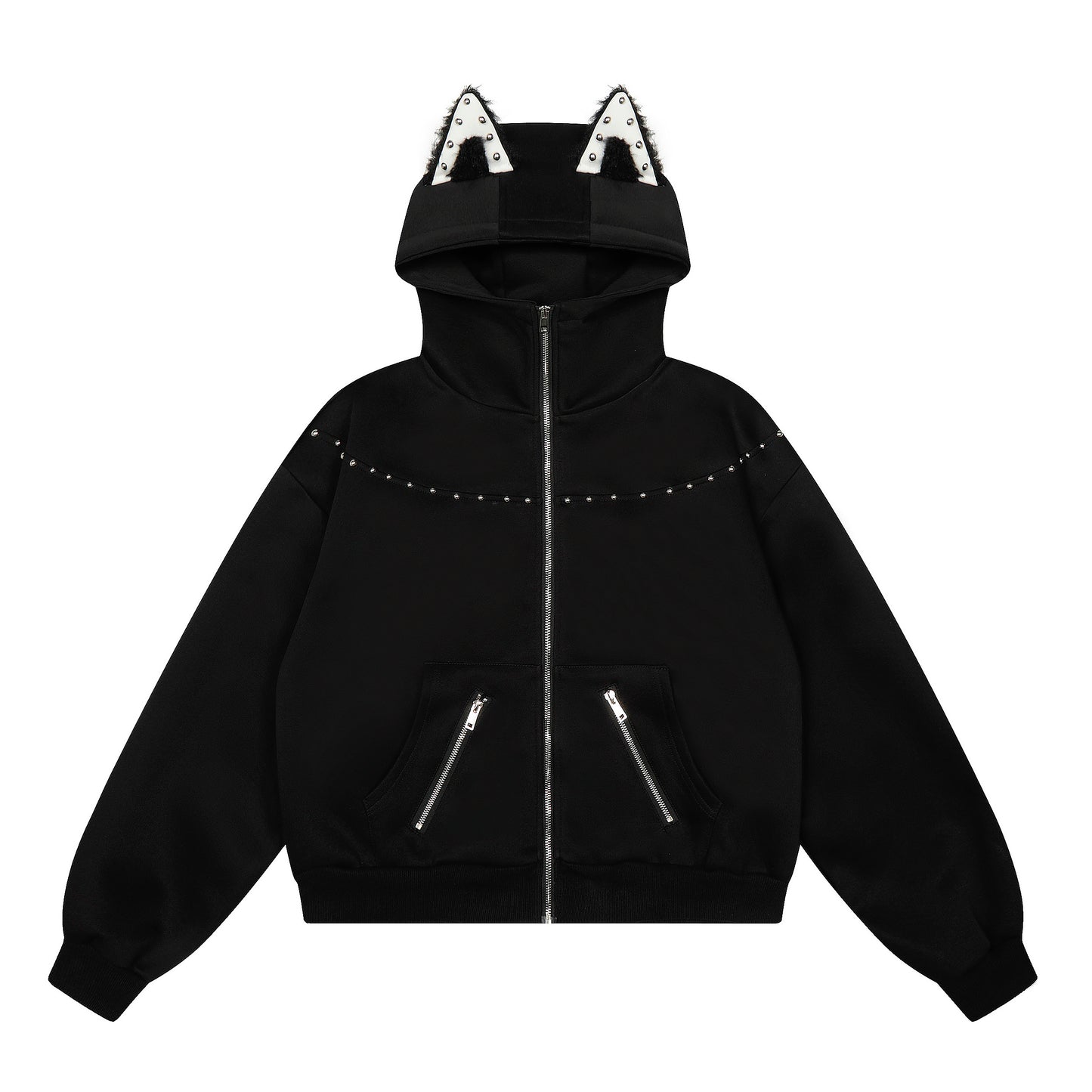 Cat Rivet Cat Ear Zip Hoodie Black Back