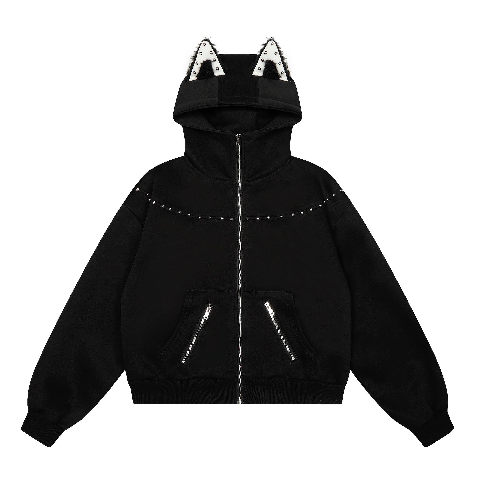 Cat Rivet Cat Ear Zip Hoodie Black Back