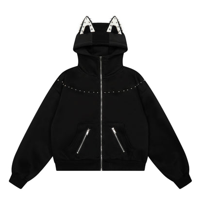 Cat Rivet 3D Cat Ear Rivet Zip Up Hoodie Oversized Streetwear Y2K Egirl Grunge Fleece Lined Sweatshirt | Cat Rivet