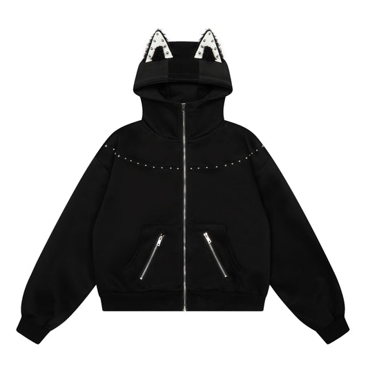 Cat Rivet Cat Ear Zip Hoodie Black Back