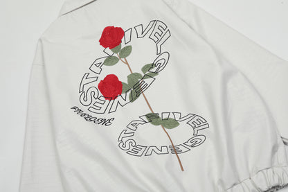 Oversized Rose Embroidery Coach Jacket Snap Button Crocodile Texture Streetwear Casual Fall Outerwear