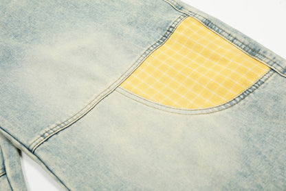 Yellow Plaid Patchwork Wide Leg Denim Jeans High Waist Washed Barrel Streetwear Y2K Casual Pants | Sunny Barrel