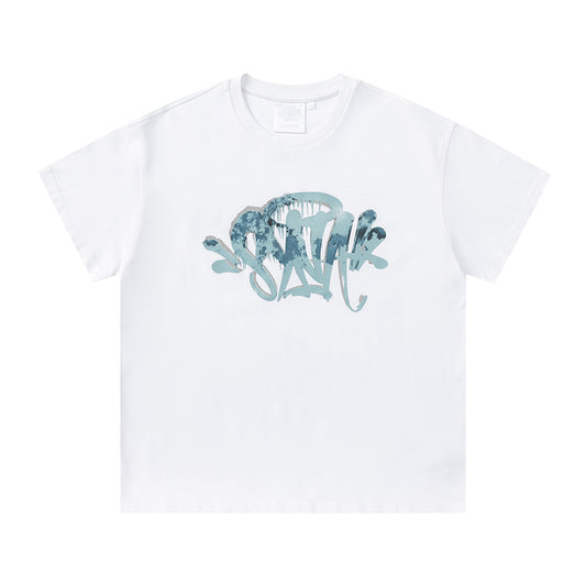 White crewneck short sleeve T-shirt with blue-gray graffiti-style chest graphic - view 10