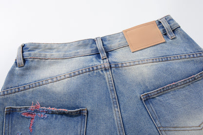 Light Blue Distressed Wide-Leg Cropped Denim Shorts