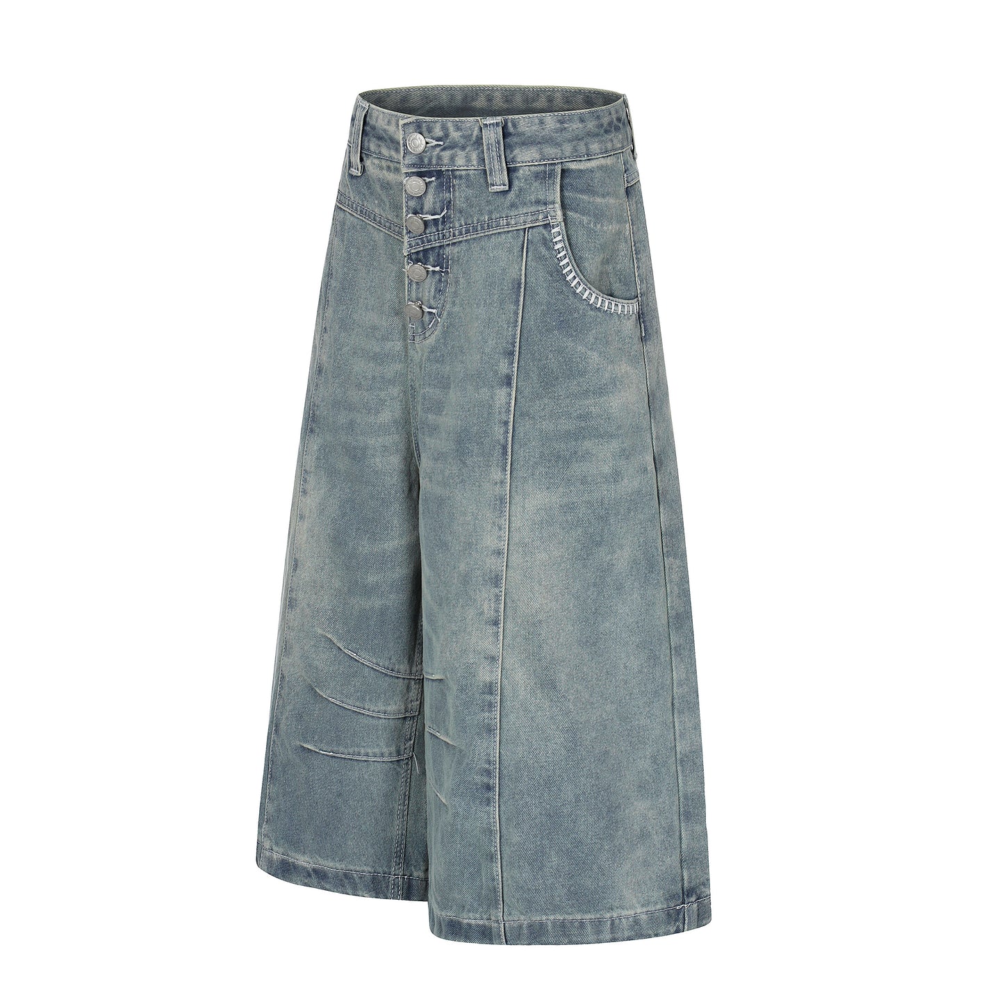 Women's Contrast Stitch 5-Button High Waist Wide Leg Denim Shorts Distressed Bermuda Y2K Streetwear Jean Shorts