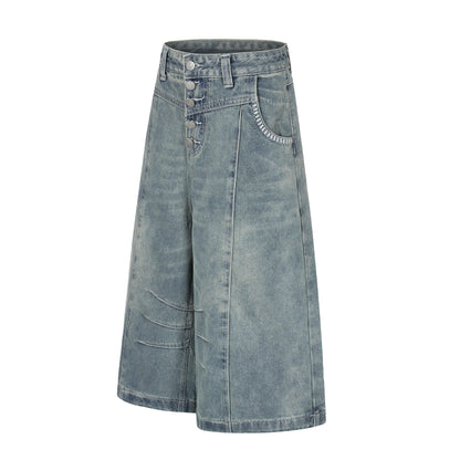 Women's Contrast Stitch 5-Button High Waist Wide Leg Denim Shorts Distressed Bermuda Y2K Streetwear Jean Shorts