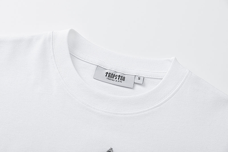 Trapstar unisex short sleeve graphic T-shirt with a crew neck, shown in black and white - view 10