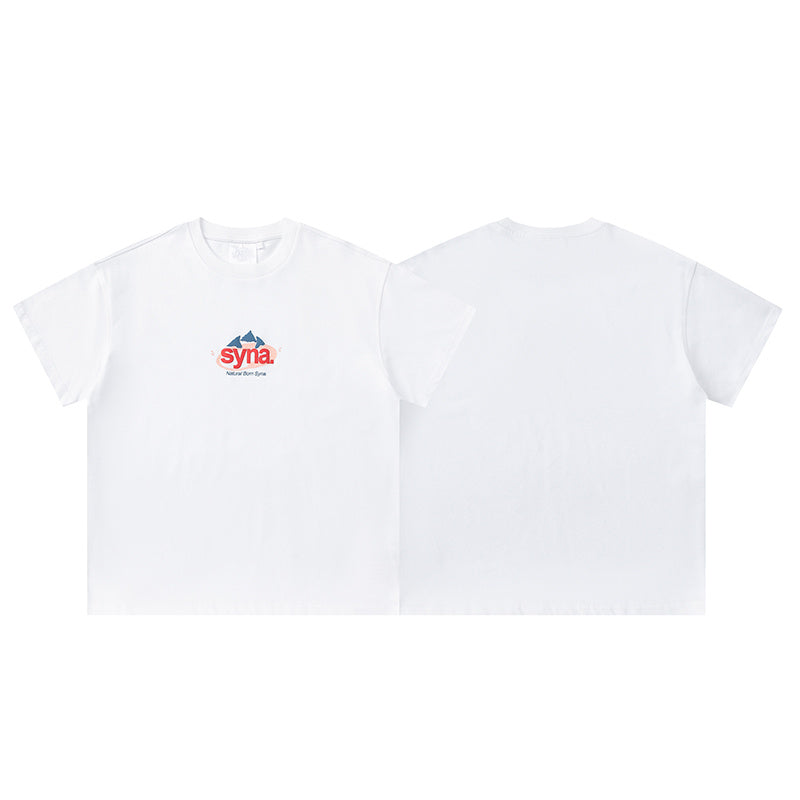 White short sleeve crewneck T-shirt with small red and blue Syna mountain chest graphic - view 10