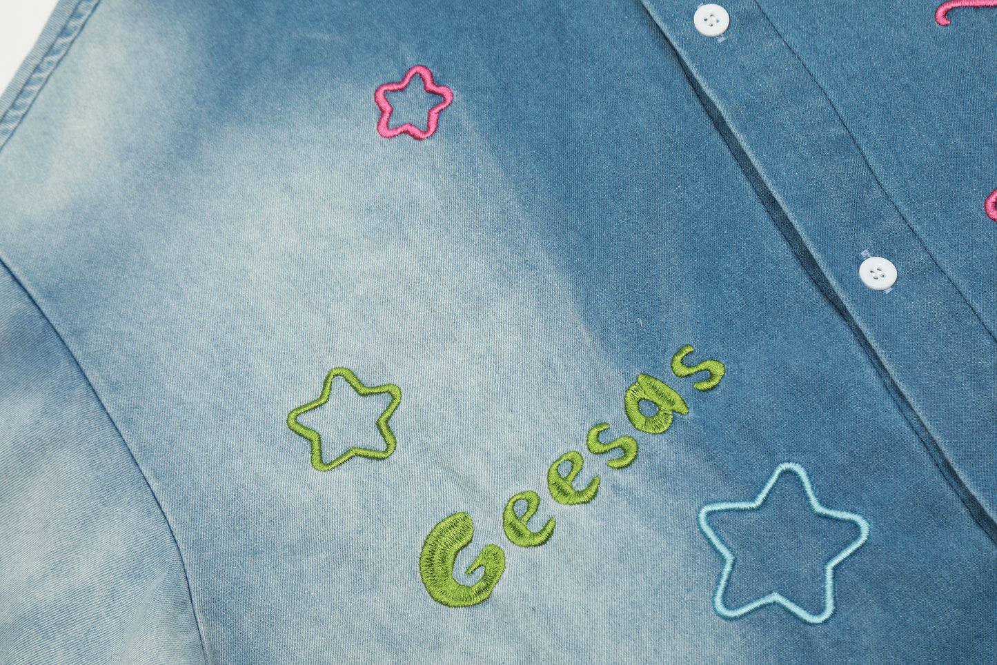 Geesas Na Max Colorful Star Embroidered Washed Denim Short Sleeve Shirt Oversized Button Down Y2K Streetwear Summer Top | Star Na