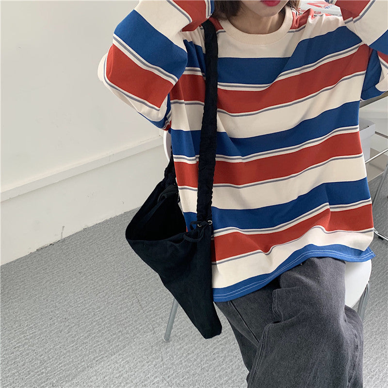 Women Harajuku Oversized Stripe Casual Long Sleeves Crewneck T-Shirt Tee Tops