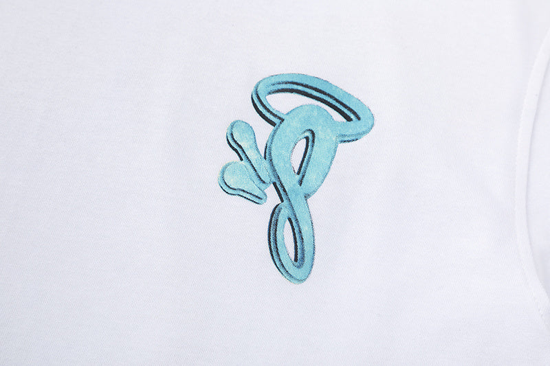 White crew neck short sleeve graphic T-shirt with small blue chest graphic - view 10