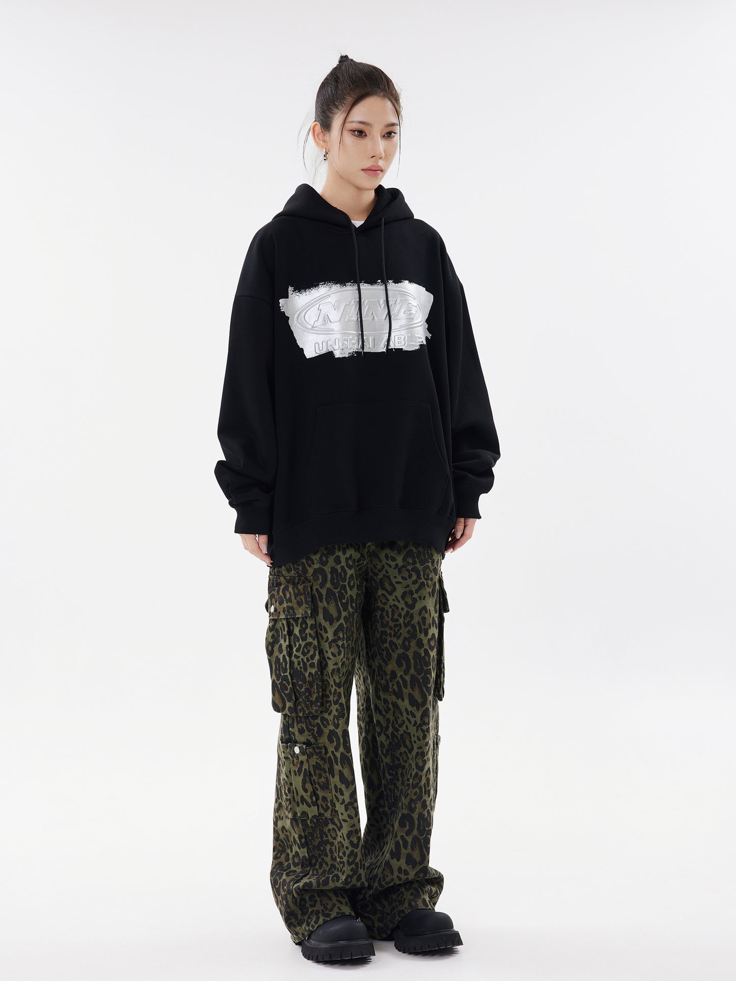 NINE Unshakable Iridescent Logo Oversized Hoodie Drawstring Kangaroo Pocket Streetwear Sweatshirt