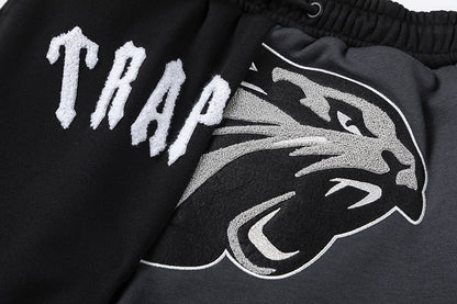Black and Charcoal Panther Graphic Hoodie and Joggers Tracksuit Set, Drawstring Two Piece Streetwear Outfit