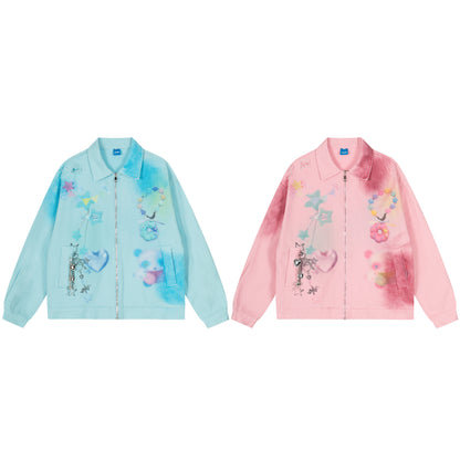 Dreamy Graffiti Star Panda Flower Metal Charm Chain Zip Jacket Spray Dye Distressed Y2K Harajuku