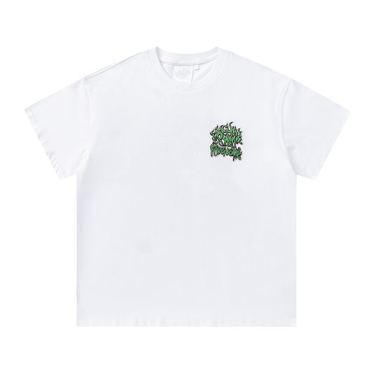 White crew neck graphic T-shirt with small green chest graphic and large graffiti-style back print - view 10