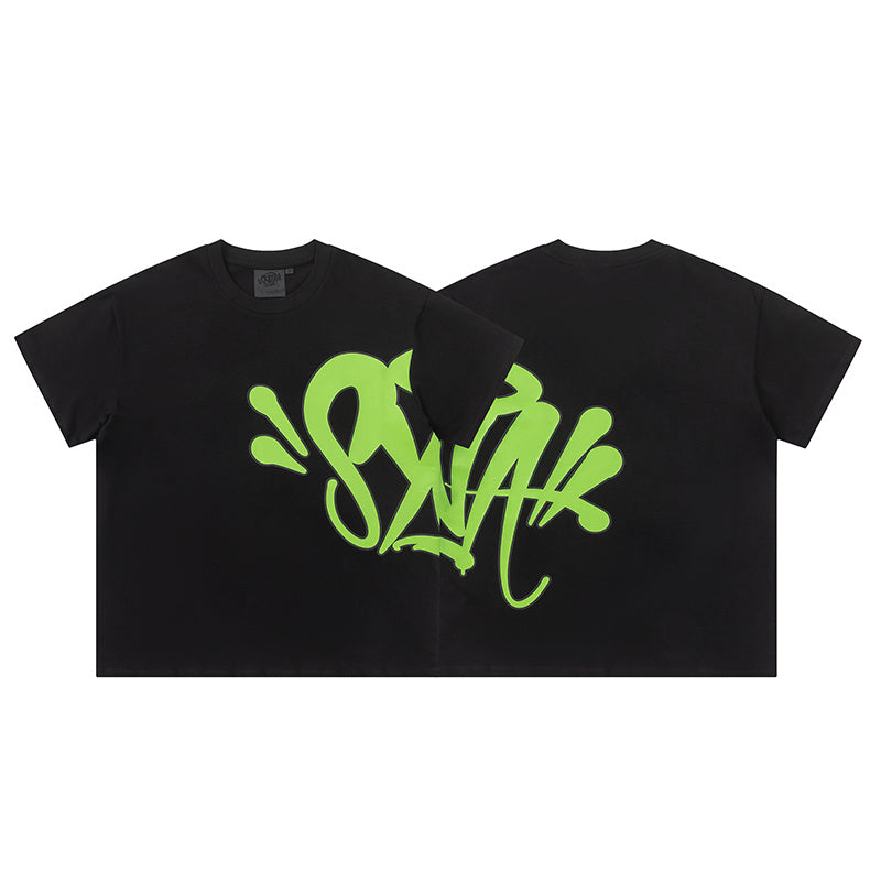 Black short sleeve crewneck T-shirt with oversized neon green graffiti-style front graphic - view 10