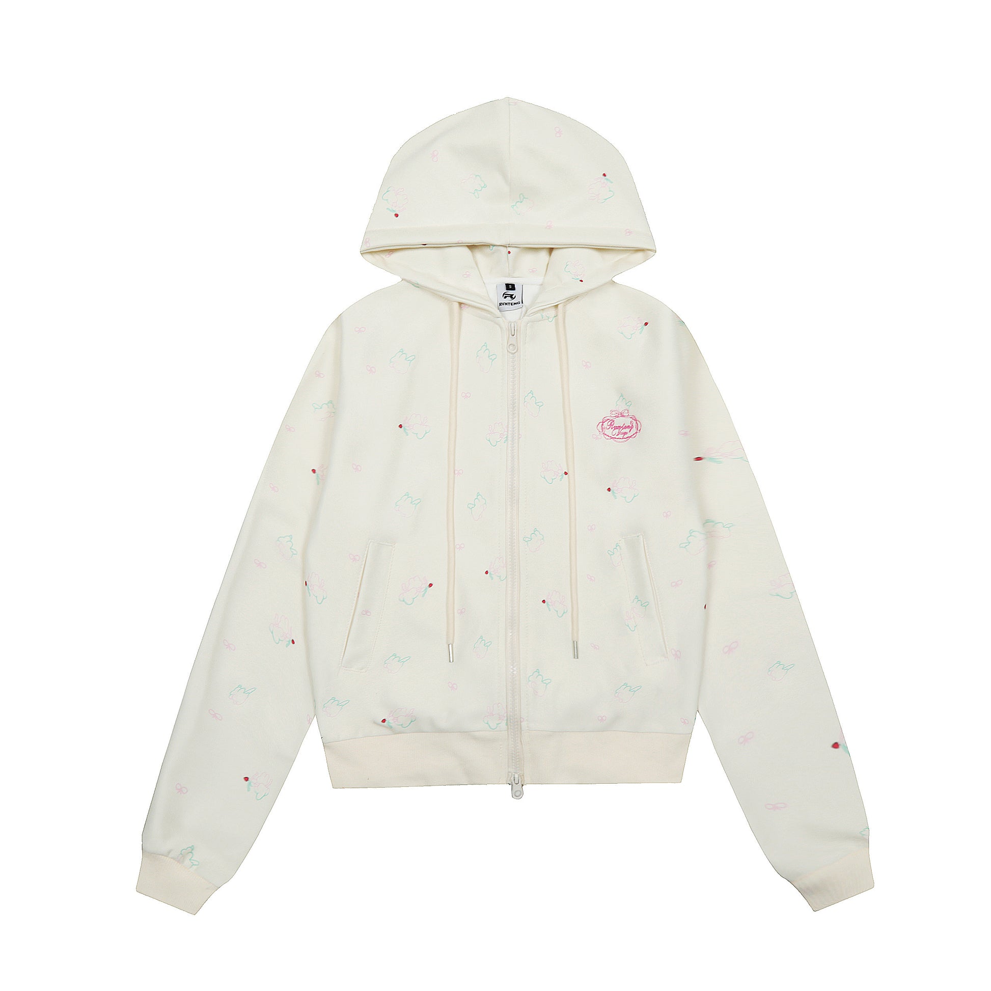 Women's Rvnteng Oval Logo Scattered Embroidery Full Zip Hoodie - Apricot & Grey Comparison