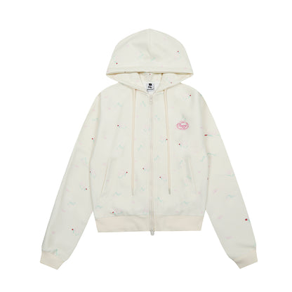 Women's Rvnteng Oval Logo Scattered Floral Embroidery Full Zip Hoodie Sweatshirt Long Sleeve Casual Streetwear Jacket