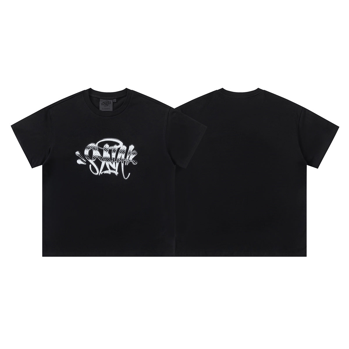 Unisex black short sleeve crew neck T-shirt with contrasting silver graffiti-style front graphic - view 10