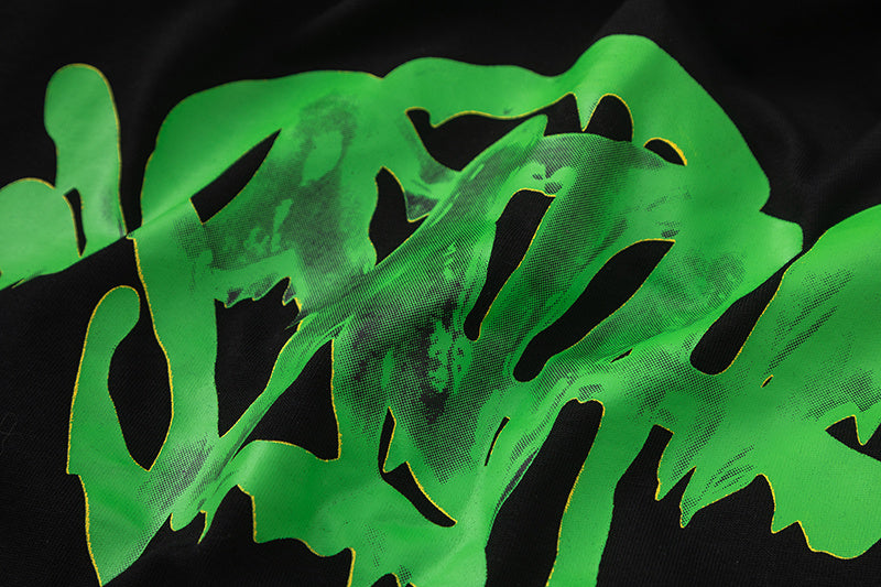 Black short sleeve crew neck T-shirt with bright green abstract graphic print - view 10