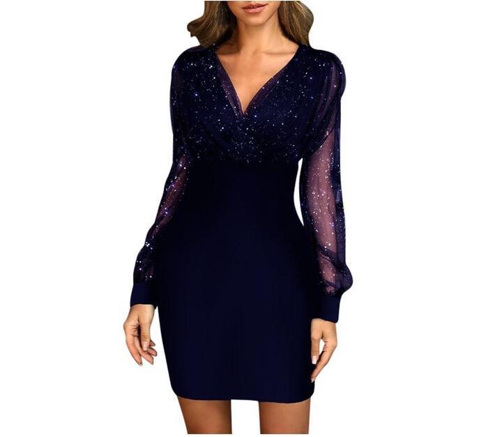 Mesh V-neck sequined dress slim sexy dress in stock