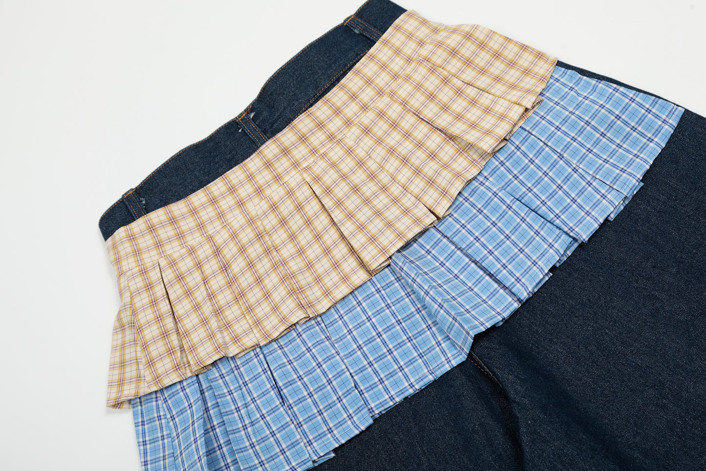 Double Layer Plaid Pleated Skirt Hem Patchwork Denim Shorts Side Tie JK Streetwear Y2K