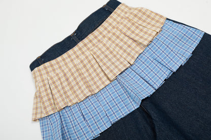 Double Layer Plaid Pleated Skirt Hem Patchwork Denim Shorts Side Tie JK Streetwear Y2K
