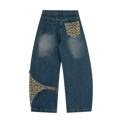 Leopard Patchwork Raw Edge Wide Leg Barrel Jeans Charm Pendant High Waist Washed Y2K Streetwear