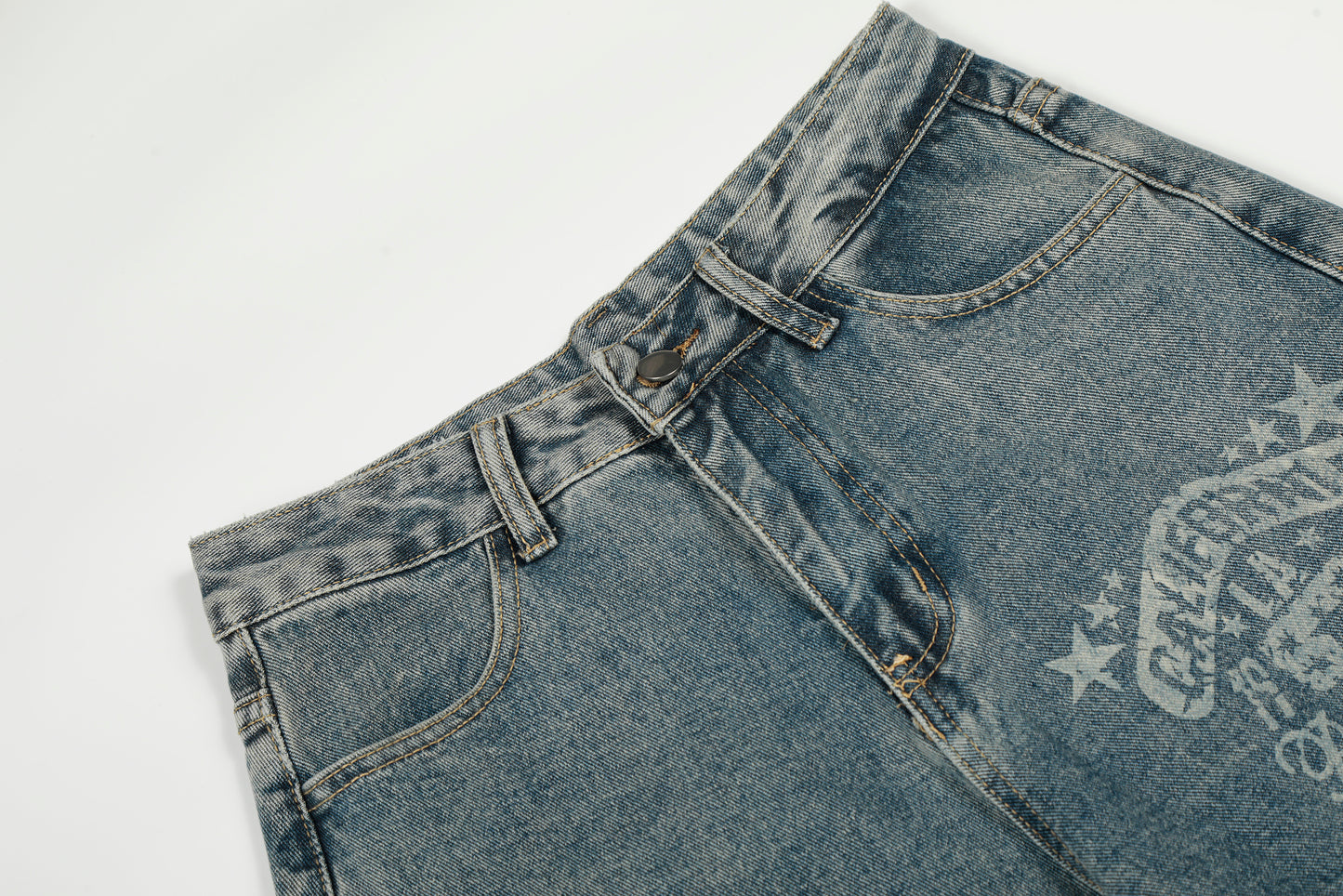 California Script Print Rhinestone Wide Leg Barrel Jeans Vintage Washed High Waist Y2K Streetwear