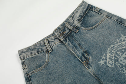 California Script Print Rhinestone Wide Leg Barrel Jeans Vintage Washed High Waist Y2K Streetwear