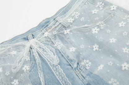 Women's Lace Belt Floral Print Patchwork Lace Ripped Wide Leg Jeans High Waist Y2K Vintage Wash Denim Trousers