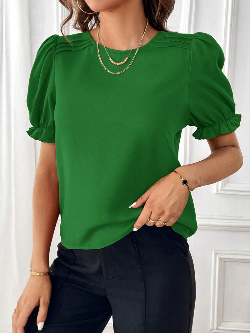 2024 summer new style fashionable temperament pure color round collar shirt top