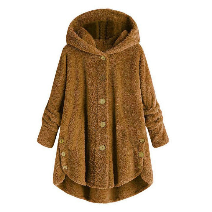 Qeaghou Thick Winter Coats for Women Causal Cute Sherpa Coats Fuzzy Fleece Warm Coats Button Down Long Sleeve Hooded Coat