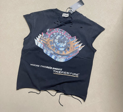 Satoshi Nakamoto Where Theres Smoke Theres Fire Sleeveless Vest Tee Destroyed Washed Heavyweight Cotton Colorful City Print Streetwear Tank Top | Smoke Fire