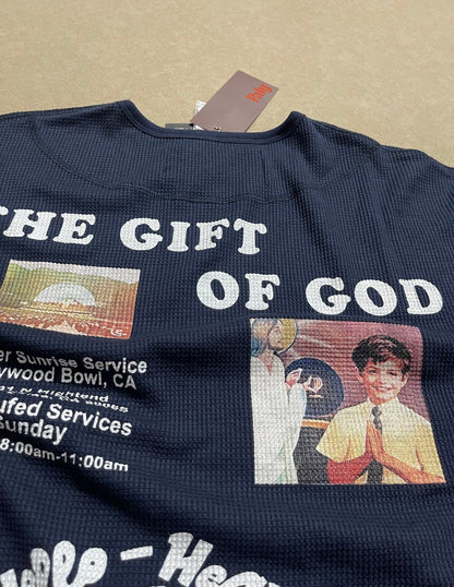 Eternal Life Graphic Print Long Sleeve Waffle Knit Oversized Tee Jesus Loves You Navy Streetwear Top | Eternal Navy