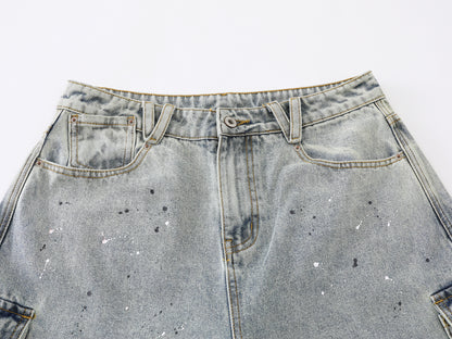 Dog Graphic Paint Splatter Cargo Denim Shorts Wide Leg High Waist Washed Multi-Pocket Streetwear Summer Casual Jean Shorts | Pup Cargo