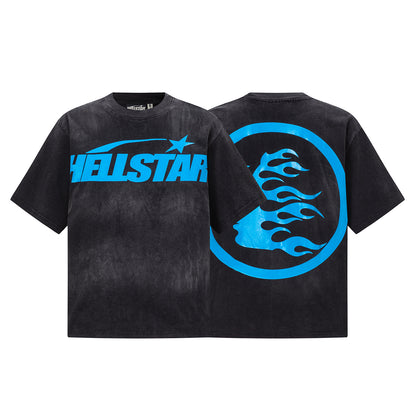 Washed Graphic Print Short Sleeve T-Shirt Flame Face Circle Logo Street Casual Unisex Tee | Blue Flame