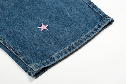 Star Embroidery Wide Leg Barrel Jeans High Waist Washed Y2K Streetwear Denim Pants