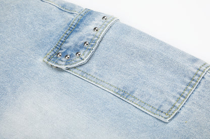 Women's Lace Trim Rhinestone Floral Cargo Wide Leg Jeans High Waist Light Wash Casual Streetwear Denim Pants