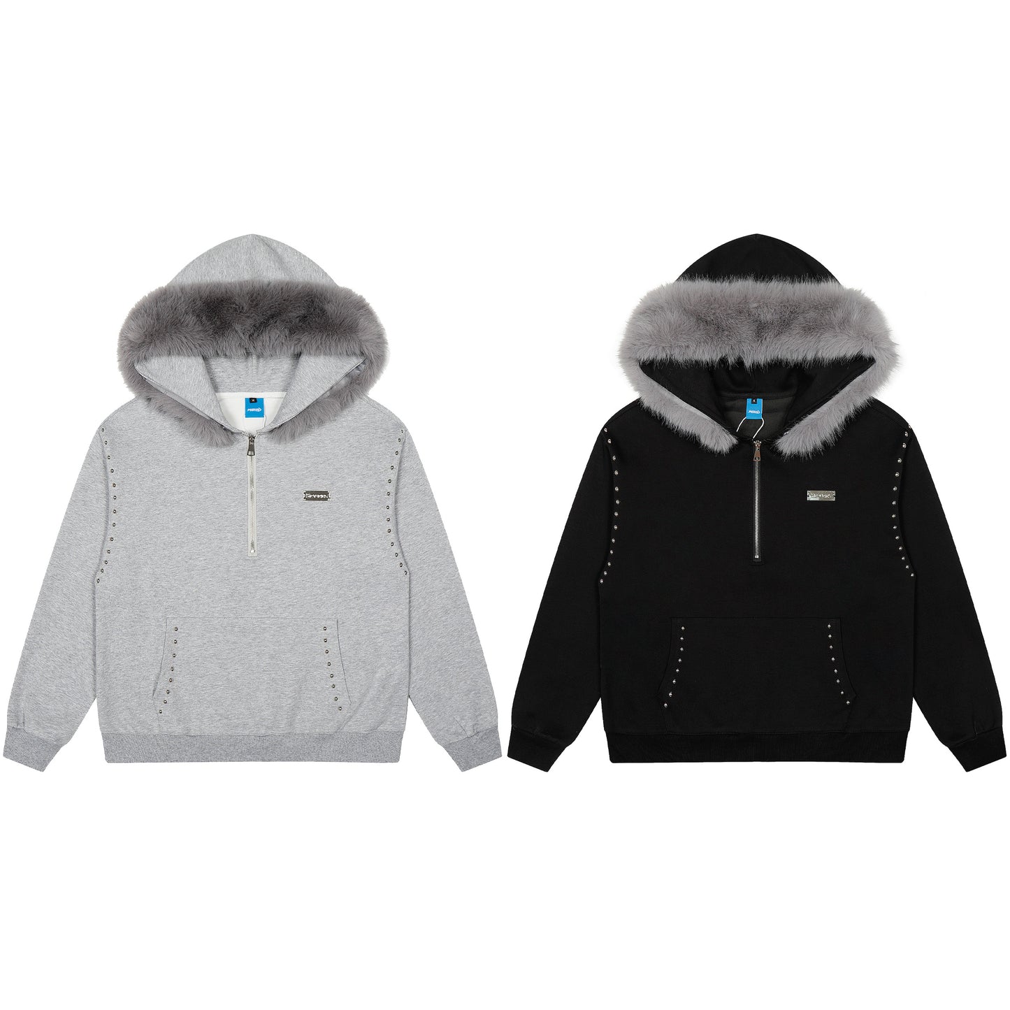 Faux Fur Hood Studded Half Zip Hoodie - Gray Back