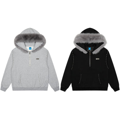 Faux Fur Hood Trim Studded Half Zip Hoodie Metal Badge Oversized Streetwear Y2K