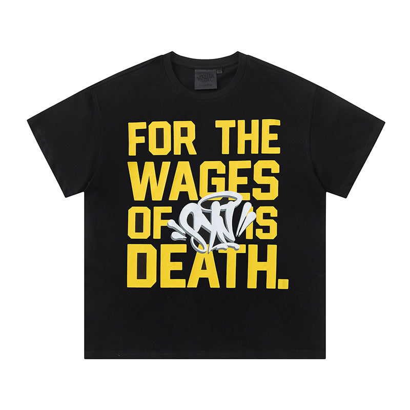 Black crewneck short sleeve T-shirt with yellow text graphic and white graffiti-style chest artwork - view 10