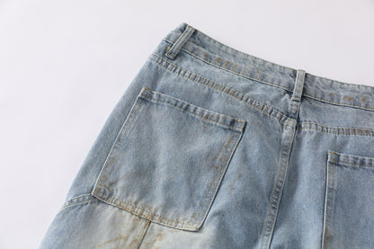 Curved Pocket Cargo Wide Leg Jeans High Waist Light Wash Mud Dye Faded Utility Streetwear Denim Trousers | Pocket Arc